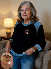 Women'S Casual Patchwork Christmas Brooch Pullover Top (Detachable Brooch)