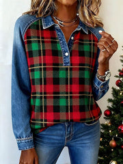 Women's Casual Christmas Contrast Color Panel Plaid Top