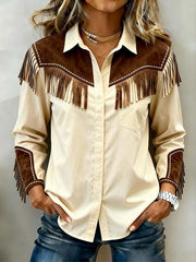 Women'S Casual Color-Blocked Fringed Shirt