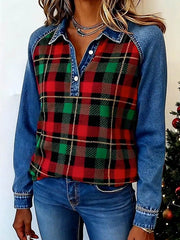 Women's Casual Christmas Contrast Color Panel Plaid Top