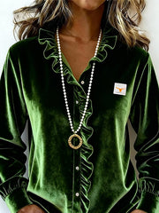 Women's Casual V-neck Ruffled Velvet Shirt