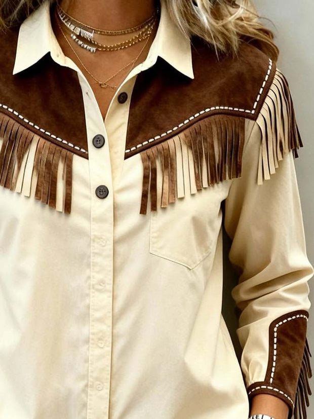 Women'S Casual Color-Blocked Fringed Shirt