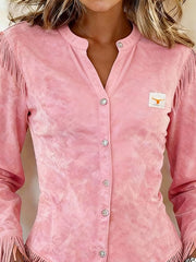 Women'S Solid Color V-Neck Long-Sleeved Tassel Shirt