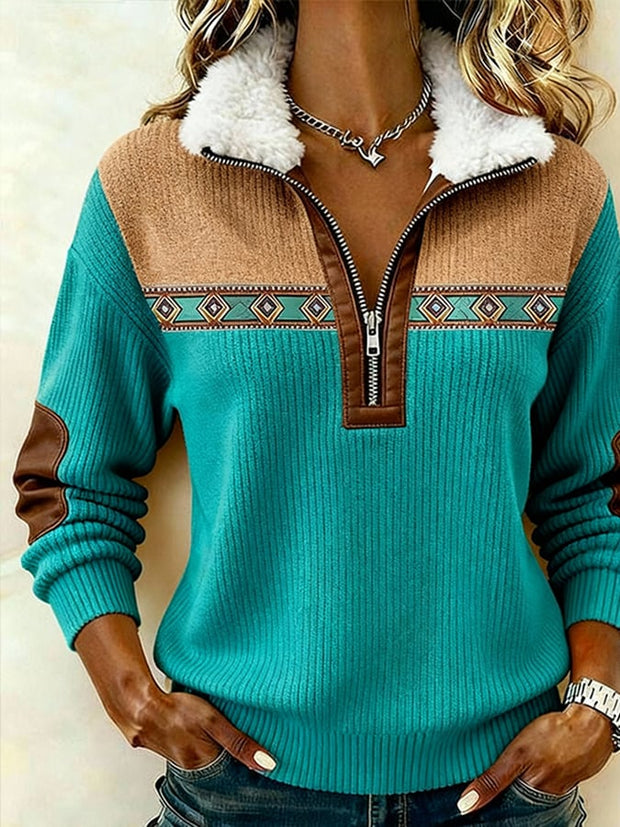 Women'S Casual Loose Color-Blocked Print Sweatshirt
