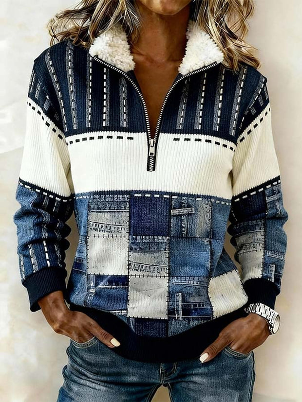Women'S Casual Loose Color-Blocked Print Sweatshirt