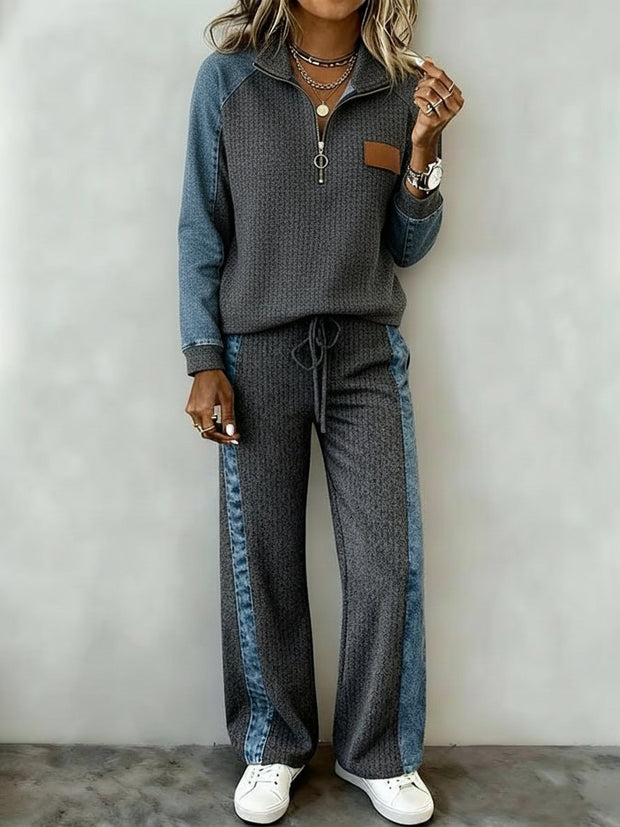 Women's Casual Denim Print Paneled Zipper-Collar Pants Two-Piece Set