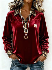Women's Casual Collared Leopard Print Velvet Shirt