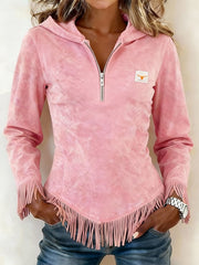 Women's Solid Color Hooded Long-Sleeved Sweatshirt with Tassels