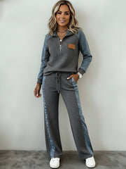 Women's Casual Denim Print Paneled Zipper-Collar Pants Two-Piece Set