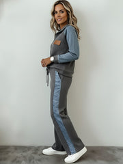 Women's Casual Denim Print Paneled Zipper-Collar Pants Two-Piece Set