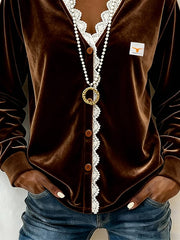 Women's Casual V-neck Lace-trimmed Velvet Shirt