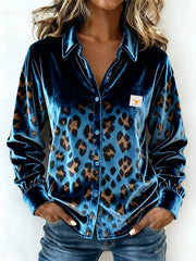 Women's Casual Collared Leopard Print Velvet Shirt
