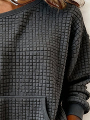 Women's Knitted Casual Checkered Textured Fabric Off-Shoulder Sweatshirt