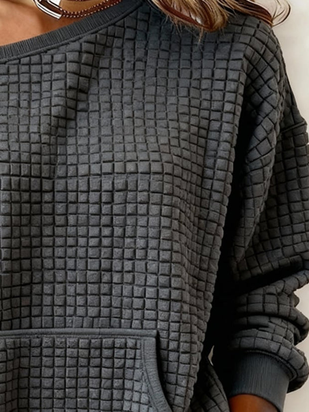 Women's Knitted Casual Checkered Textured Fabric Off-Shoulder Sweatshirt