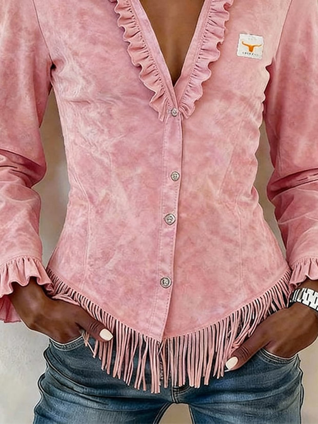 Women'S Casual V-Neck Ruffled Shirt