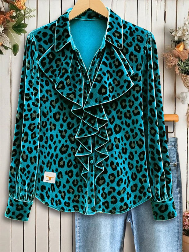Women's Casual Collared Ruffled Velvet Shirt