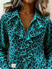 Women's Casual Collared Ruffled Velvet Shirt