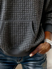 Women's Knitted Casual Checkered Textured Fabric Off-Shoulder Sweatshirt