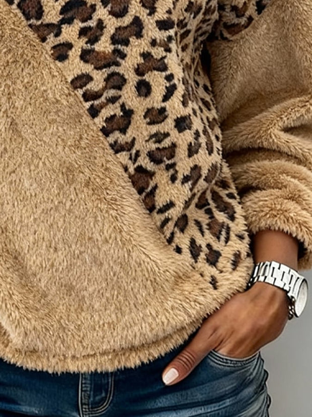Women's Warm Leopard Print Plush Patchwork Sweatshirt