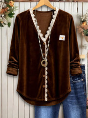 Women's Casual V-neck Lace-trimmed Velvet Shirt