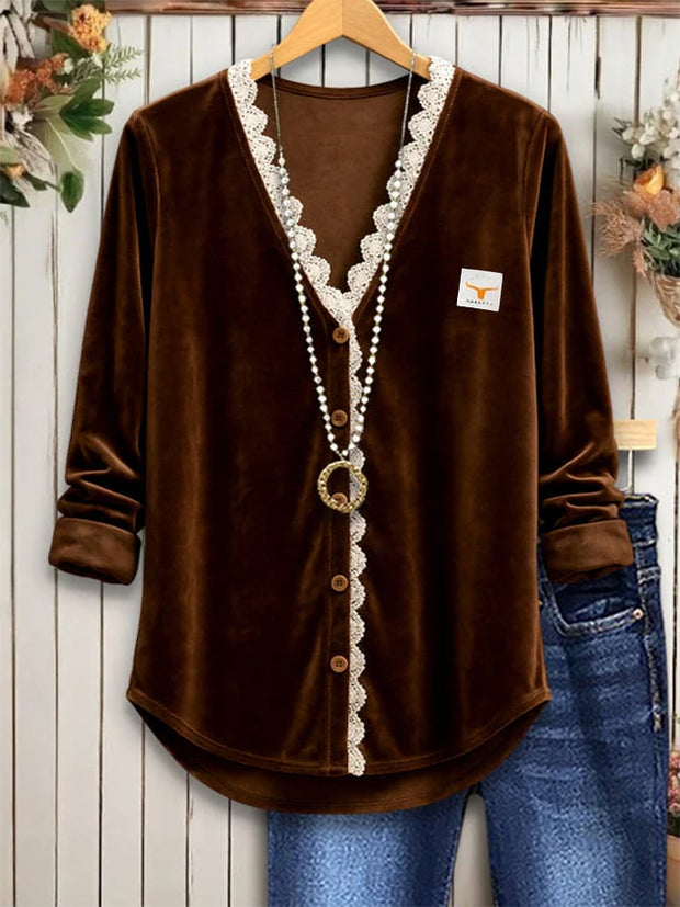 Women's Casual V-neck Lace-trimmed Velvet Shirt