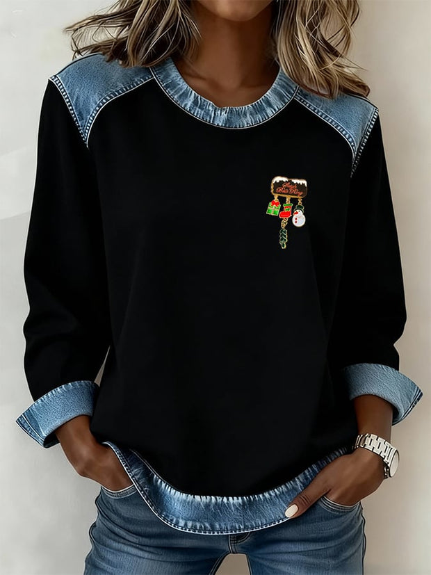 Women'S Casual Patchwork Christmas Brooch Pullover Top (Detachable Brooch)