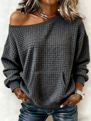 Women's Knitted Casual Checkered Textured Fabric Off-Shoulder Sweatshirt
