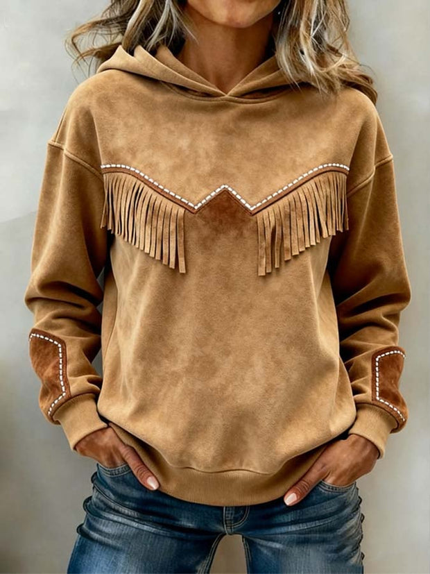 Women'S Casual Color-Blocked Tassel Pullover Sweatshirt