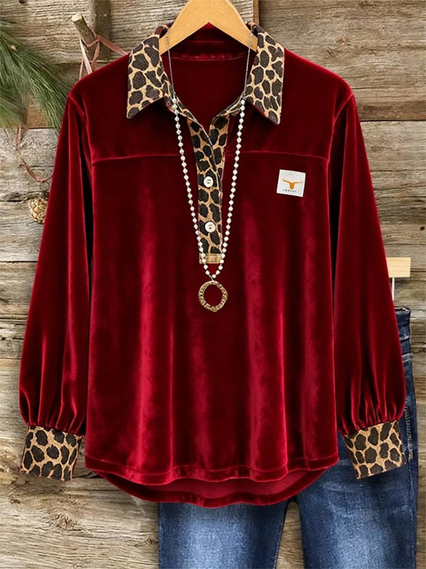 Women's Casual Collared Leopard Print Velvet Shirt