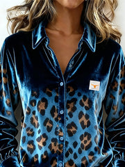 Women's Casual Collared Leopard Print Velvet Shirt