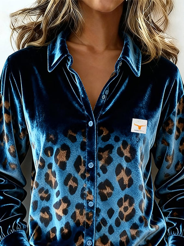 Women's Casual Collared Leopard Print Velvet Shirt