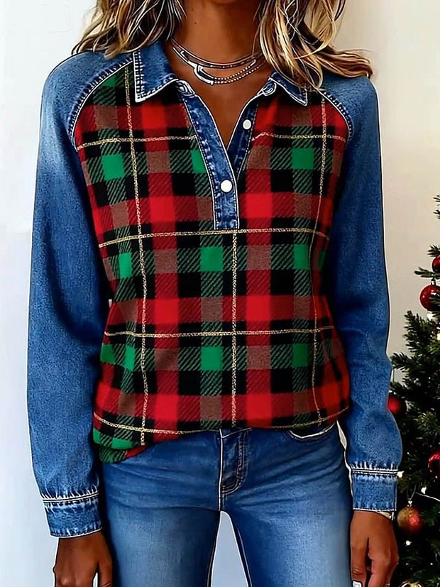 Women's Casual Christmas Contrast Color Panel Plaid Top