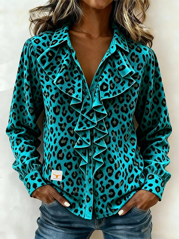 Women's Casual Collared Ruffled Velvet Shirt