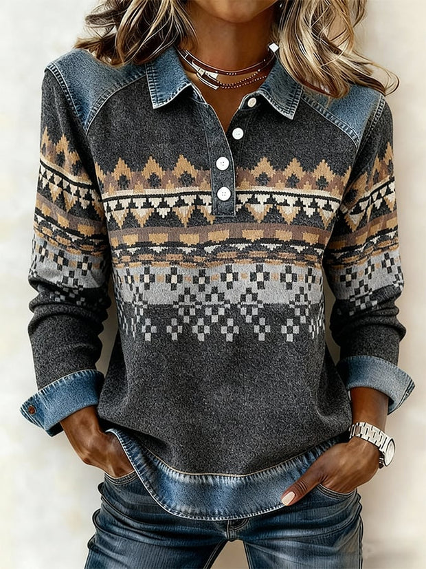 Women'S Casual Printed Patchwork Pullover Sweatshirt