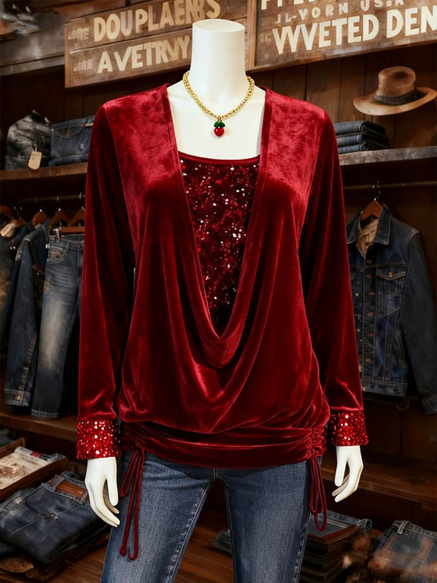 Women's Casual Christmas Splicing Contrast Color Mock Two-Piece Top