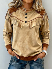 Women'S Casual Color-Blocked Tassel Pullover Sweatshirt