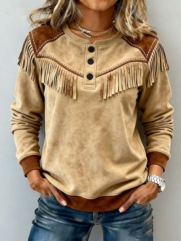 Women'S Casual Color-Blocked Tassel Pullover Sweatshirt