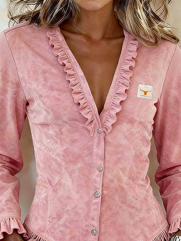 Women'S Casual V-Neck Ruffled Shirt