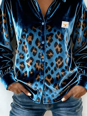 Women's Casual Collared Leopard Print Velvet Shirt