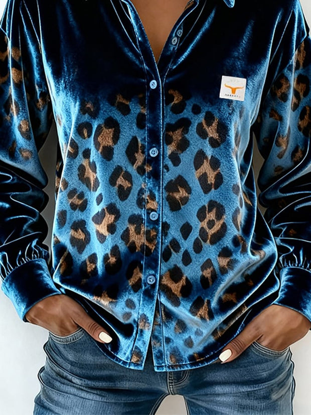 Women's Casual Collared Leopard Print Velvet Shirt