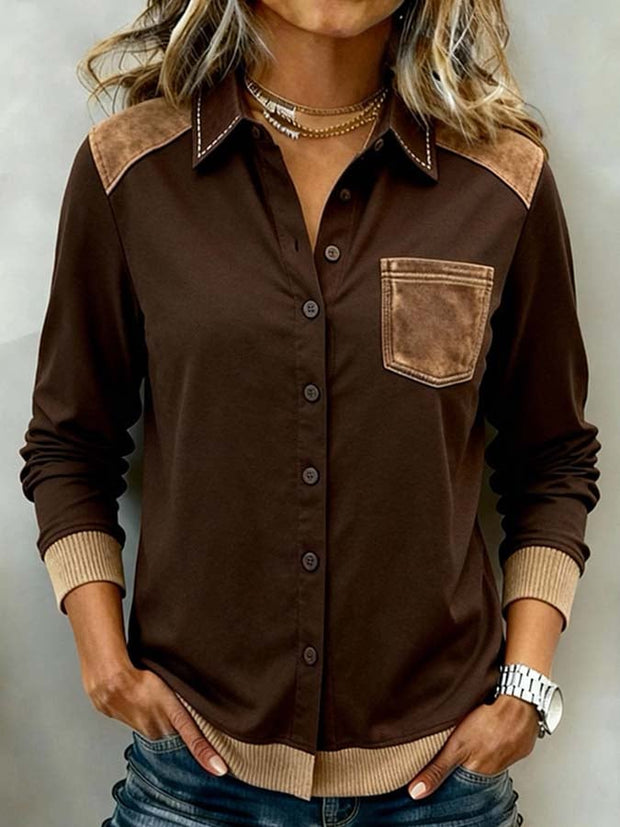 Women'S Casual Color-Blocked Patchwork Shirt