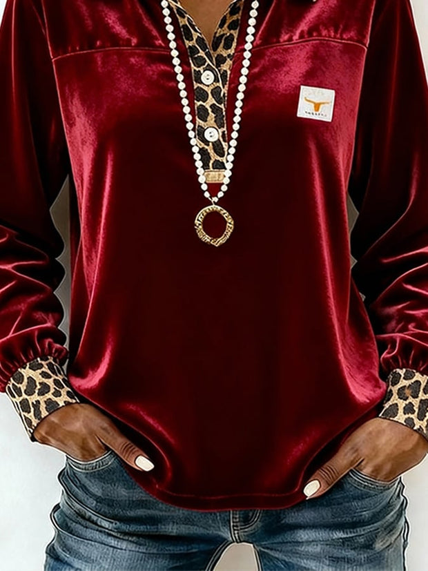 Women's Casual Collared Leopard Print Velvet Shirt