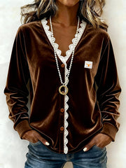 Women's Casual V-neck Lace-trimmed Velvet Shirt