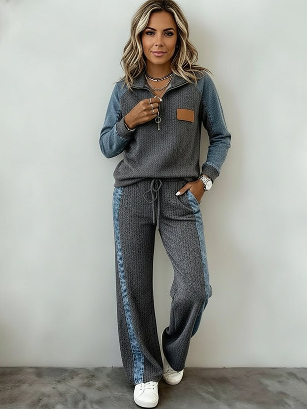 Women's Casual Denim Print Paneled Zipper-Collar Pants Two-Piece Set