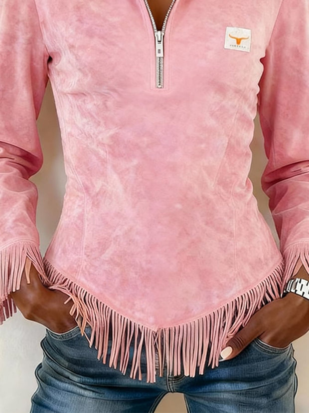 Women's Solid Color Hooded Long-Sleeved Sweatshirt with Tassels
