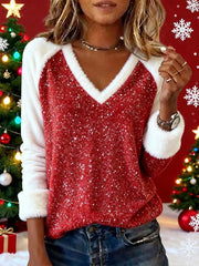 Women'S Casual Plush Contrast Color Stitching Christmas Top