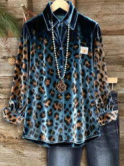Women's Casual Collared Leopard Print Velvet Shirt