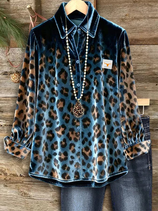 Women's Casual Collared Leopard Print Velvet Shirt