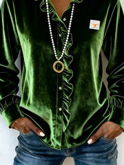 Women's Casual V-neck Ruffled Velvet Shirt