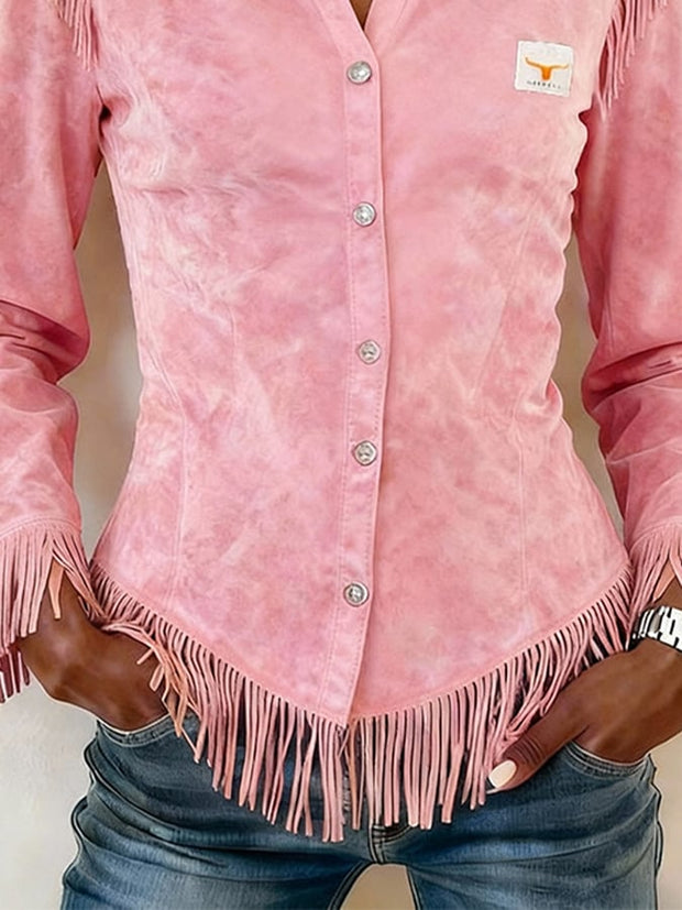 Women'S Solid Color V-Neck Long-Sleeved Tassel Shirt